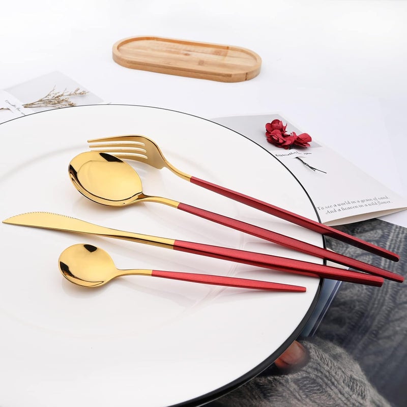 snplowum Mirror Cutlery Serving Set 24piece 180 Stainless Steel Silverware With Red Handle Simple  Modern Tableware For Home Party Restaurant Christmas Dinner Service For 6 Red Gold - Image 3