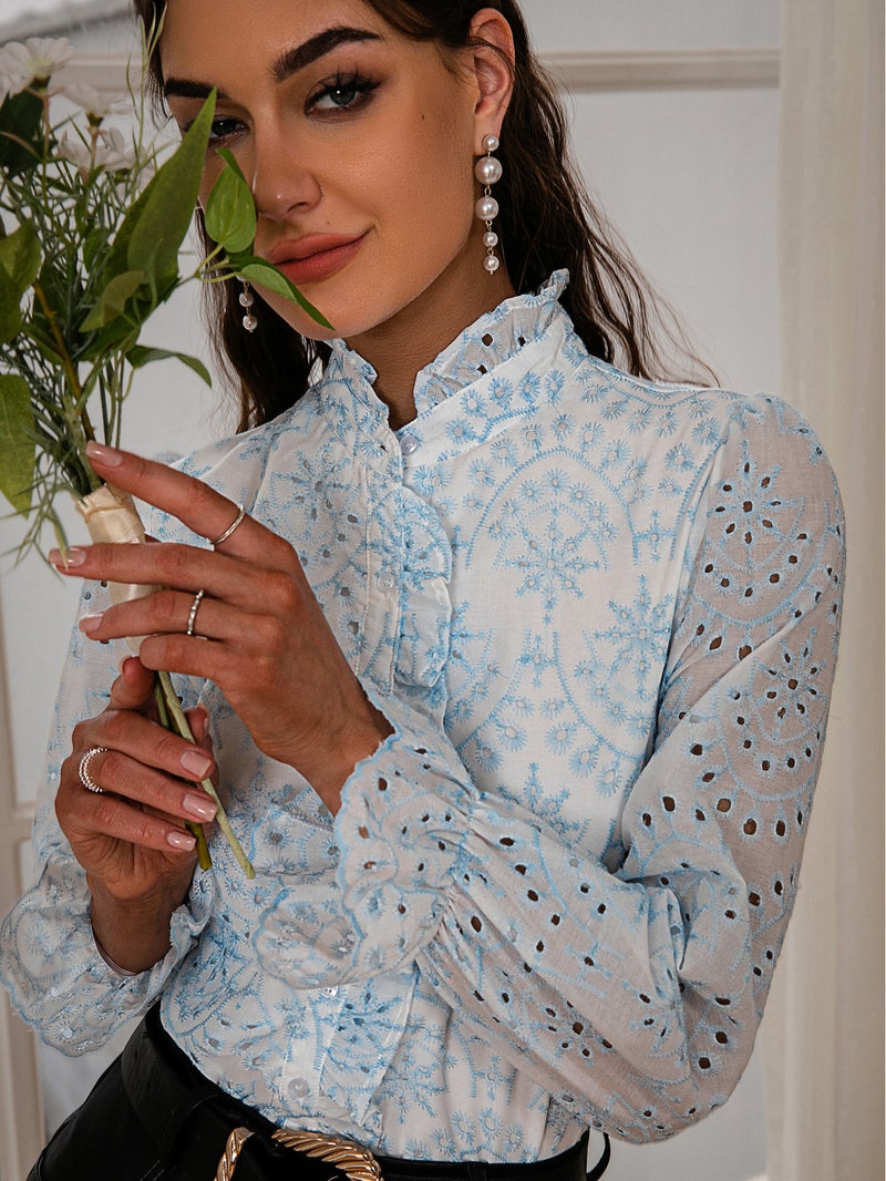 SIMPLEE Blouse Stand Collar Balloon Sleeve Embroidered Eyelet Floral Puff Ruffle Lace Sheer Off White Light Blue - Image 1