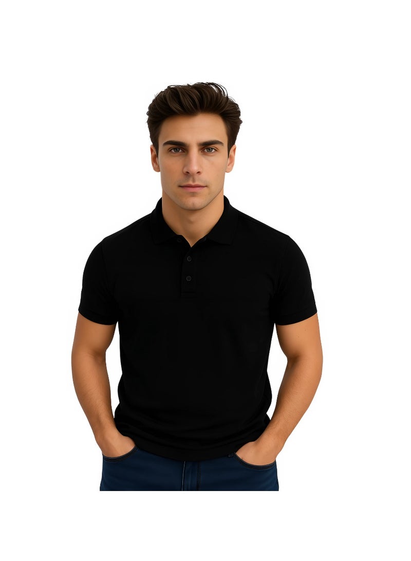 PRINTSHOP4ME Basic Adult Unisex Polo Short Sleeve T-shirt 220 Gsm Black - Image 1