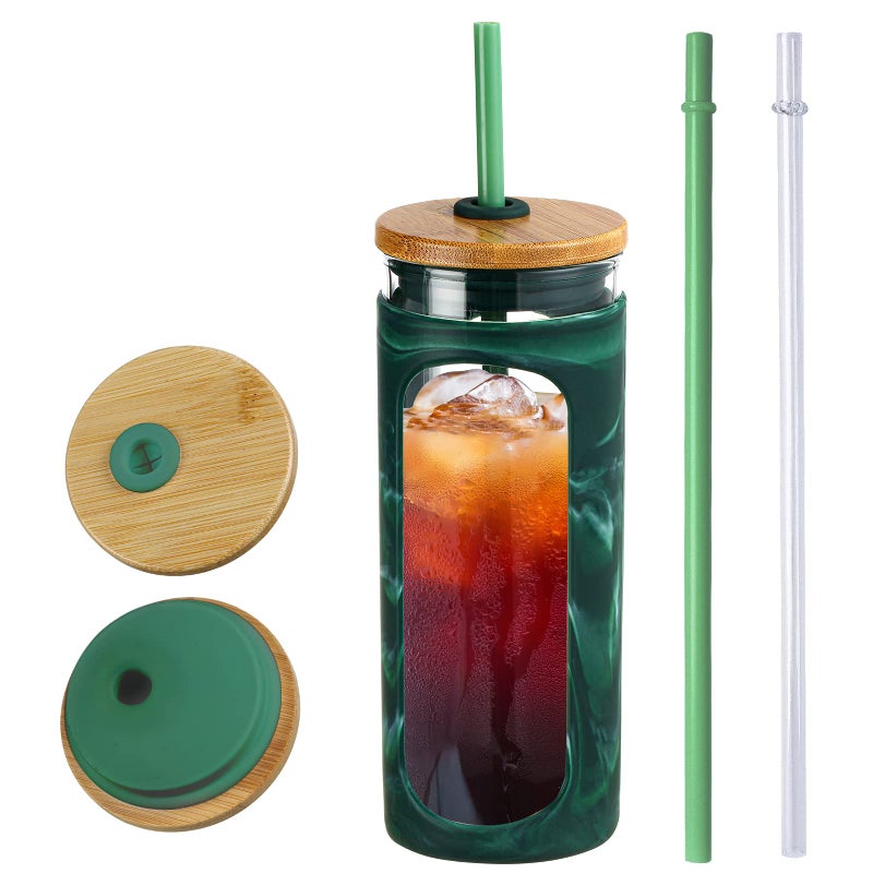 Kodrine 20oz Glass Tumbler with Straw and Lid Iced Coffee Cups with Bamboo Lids Glass Cups for Cold Drinks Smoothie Cup with Silicone Sleeve for Travel Work BPA FREEGreen