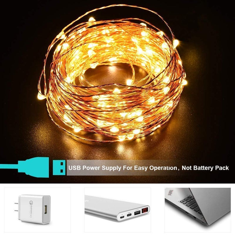 SILENCIO 100 LEDs 10 Meters Warm White Lights 2 Copper Wires with USB Plug with Joint Waterproof String Fairy Decoration Party Wedding Diwali Christmas Lights USB Powered - Image 2