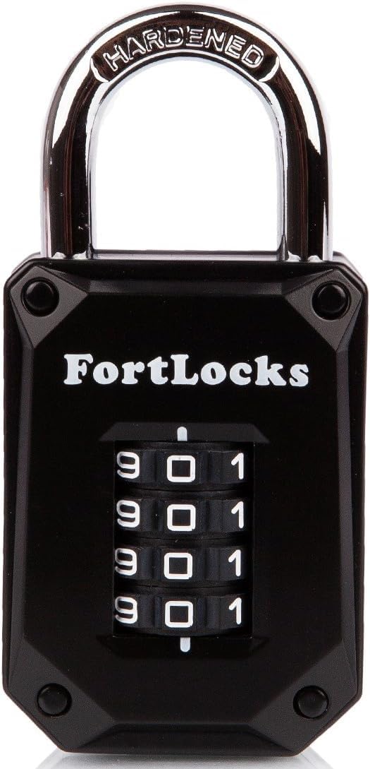 FortLocks Gym Locker Lock 4 Digit Heavy Duty Hardened Stainless Steel Weatherproof and Outdoor Combination Padlock Easy to Read Numbers Resettable and Cut Proof Combo Code 1 Pack Black