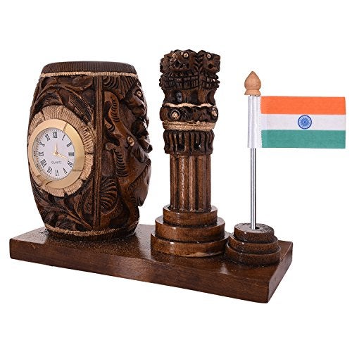 Craft Trade Wooden Pen Stand with Clock – Ashok Stambh Pillar & Indian National Flag Design Pencil Holder for Office Desk Organizer, Dark Brown - Image 2