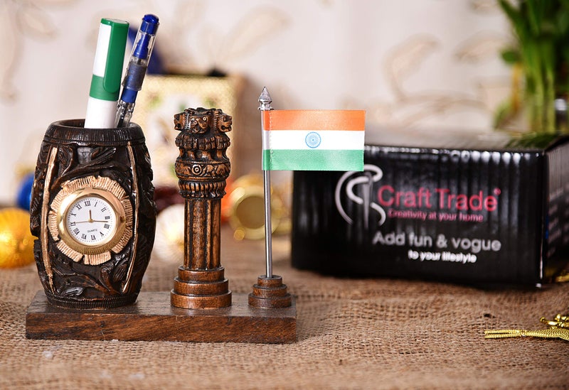 Craft Trade Wooden Pen Stand with Clock – Ashok Stambh Pillar & Indian National Flag Design Pencil Holder for Office Desk Organizer, Dark Brown - Image 3