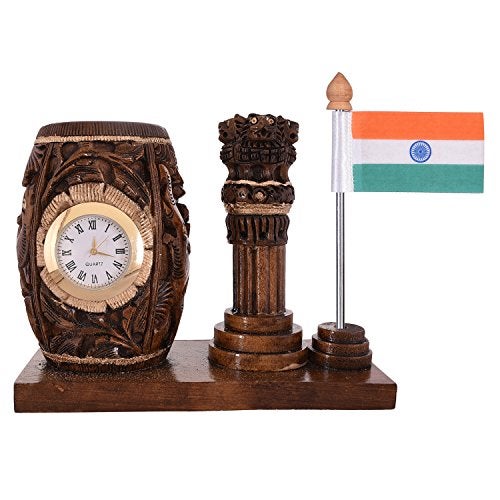Craft Trade Wooden Pen Stand with Clock – Ashok Stambh Pillar & Indian National Flag Design Pencil Holder for Office Desk Organizer, Dark Brown - Image 1