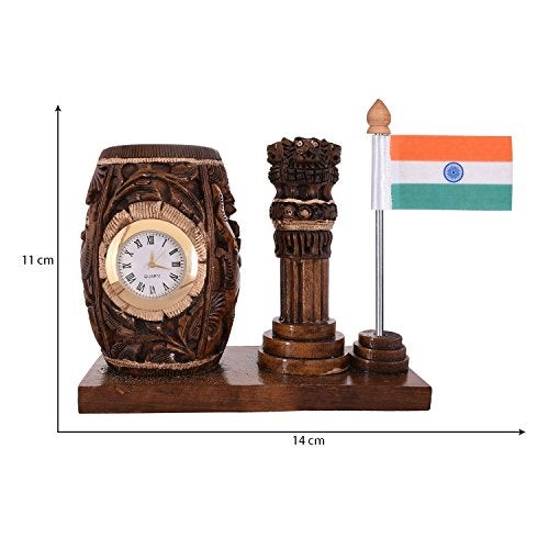 Craft Trade Wooden Pen Stand with Clock – Ashok Stambh Pillar & Indian National Flag Design Pencil Holder for Office Desk Organizer, Dark Brown - Image 5