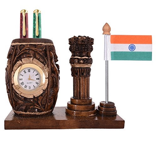 Craft Trade Wooden Pen Stand with Clock – Ashok Stambh Pillar & Indian National Flag Design Pencil Holder for Office Desk Organizer, Dark Brown - Image 4