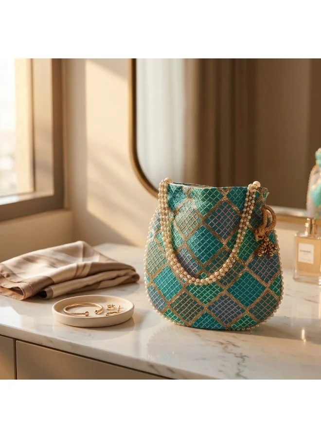 Mobcos Mobcos Green Gold Chex Floral Print Potli Bag Mobcos Green Gold Chex Handcrafted Indian Embroidered Mirror Work Potli Bag for Women | Premium Silk Blend Ethnic Drawstring Handbag with Pearl Handle | Wedding, Bridal, Party & Festive Purse for Women | Best Price UAE