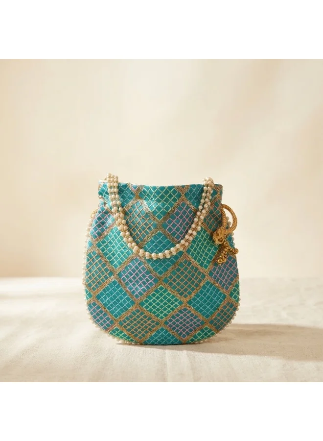 Mobcos Mobcos Green Gold Chex Floral Print Potli Bag Mobcos Green Gold Chex Handcrafted Indian Embroidered Mirror Work Potli Bag for Women | Premium Silk Blend Ethnic Drawstring Handbag with Pearl Handle | Wedding, Bridal, Party & Festive Purse for Women | Best Price UAE