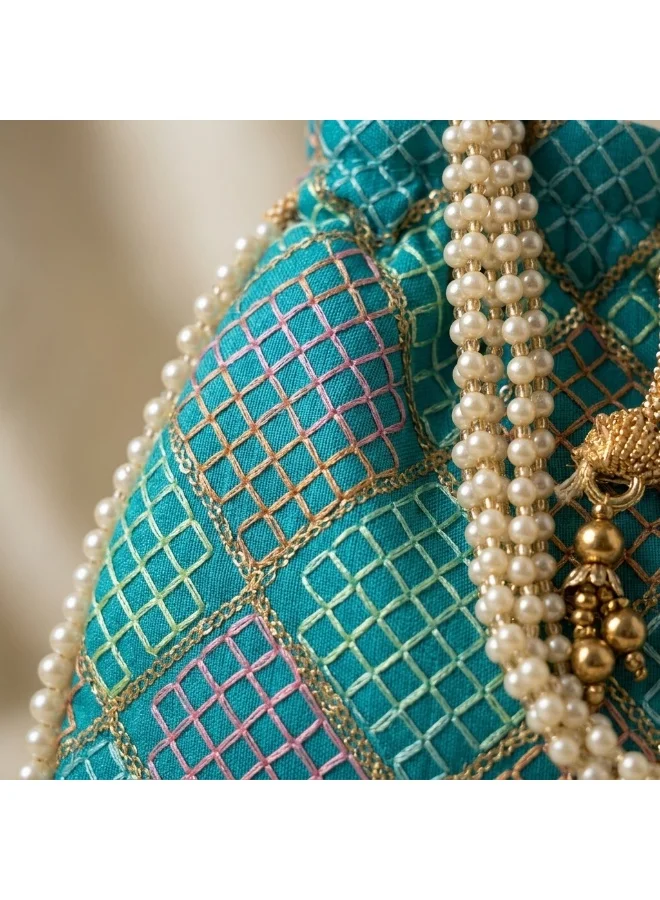 Mobcos Mobcos Green Gold Chex Floral Print Potli Bag Mobcos Green Gold Chex Handcrafted Indian Embroidered Mirror Work Potli Bag for Women | Premium Silk Blend Ethnic Drawstring Handbag with Pearl Handle | Wedding, Bridal, Party & Festive Purse for Women | Best Price UAE