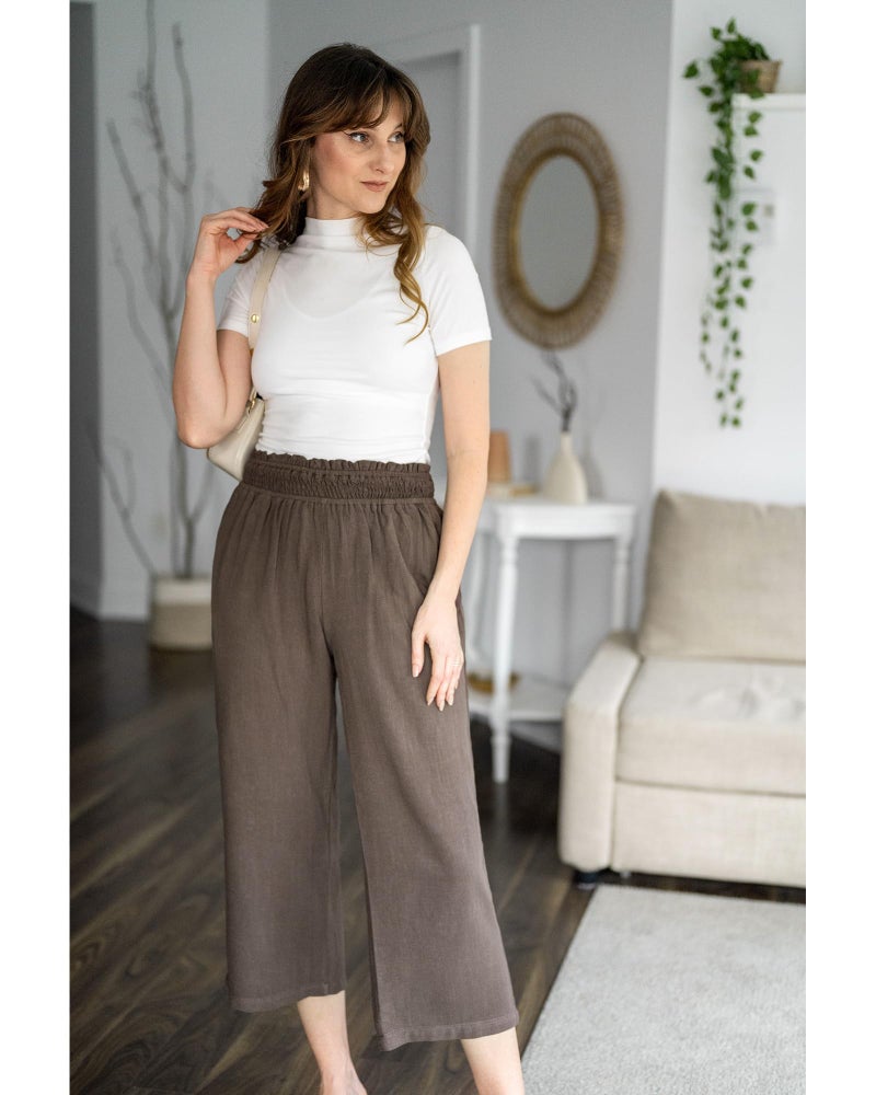 GRAPENT High Waisted Lightweight Women's Beach Linen Clothes Wide Leg Lounge Pants Casual Outfits Travel Pants Color Coffee Brown Size L Large Size 12-14 - Image 5