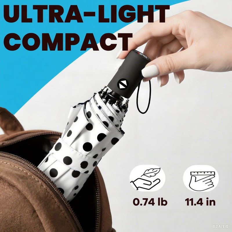 SIEPASA Windproof Travel Compact Umbrella-Automatic Umbrellas for Rain- Small Portable Windproof Umbrellas for Men Women Teenage. (White Polka Dots) - Image 2