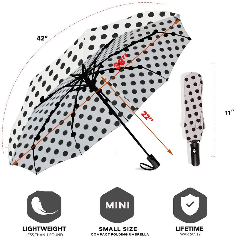 SIEPASA Windproof Travel Compact Umbrella-Automatic Umbrellas for Rain- Small Portable Windproof Umbrellas for Men Women Teenage. (White Polka Dots) - Image 3