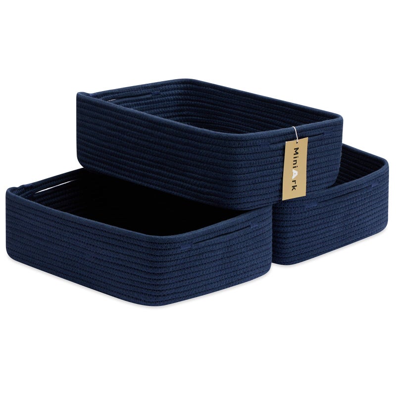 MiniArk Large Shallow Organizing Baskets 15x11x5.1 Inches - Rope Woven Storage Bins for Bathroom, Shelves, Cube Closet, Navy Blue 3 Packs - Image 1