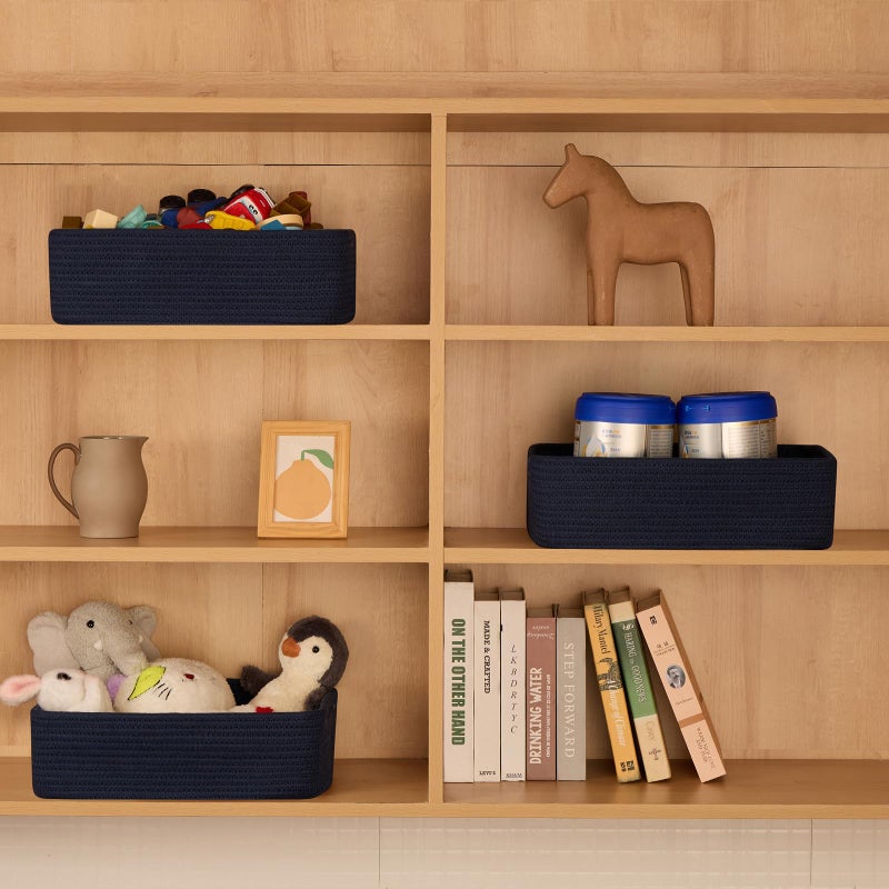 MiniArk Large Shallow Organizing Baskets 15x11x5.1 Inches - Rope Woven Storage Bins for Bathroom, Shelves, Cube Closet, Navy Blue 3 Packs - Image 3