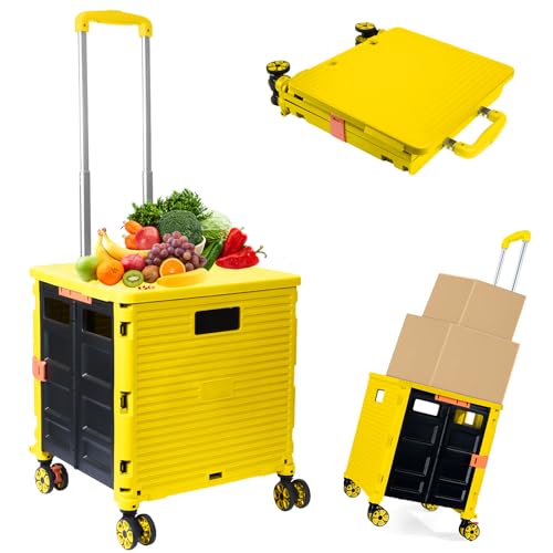 ZIYOU LANG Foldable Utility Cart Folding Portable Rolling Crate Handcart Shopping Trolley Wheel Box with Lid WearResistant Noiseless 360Rotate Wheel for Travel Shopping Moving Storage Office Use Yellow 