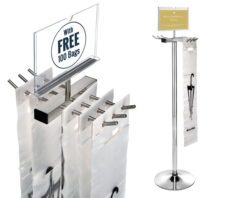 Alpine Industries Alpine Wet Umbrella Bag Stand  Umbrella Bags Disposable with Stand Wet Umbrella Bag Holder Commercial Umbrella Holder with Free 100 Large Plastic Umbrella Bags Disposable Stainless Steel