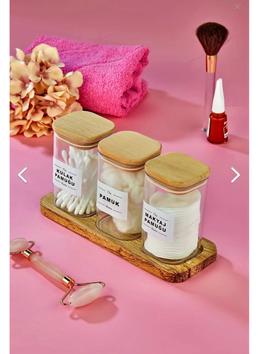 Fbz Home 3-Piece Mica Cotton Cotton Makeup Cotton Organizer 250 ml Storage Box with Wooden Stand  - Image 1