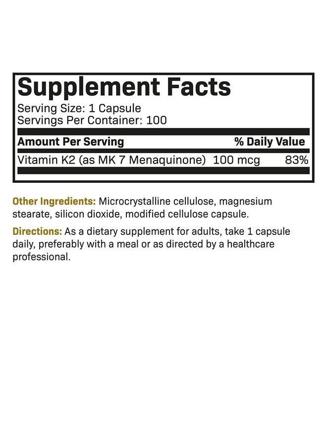 Vitamin K2 as MK-7 100 mcg, Supports Strong Bones - Non-GMO, 100 Vegetarian Capsules
