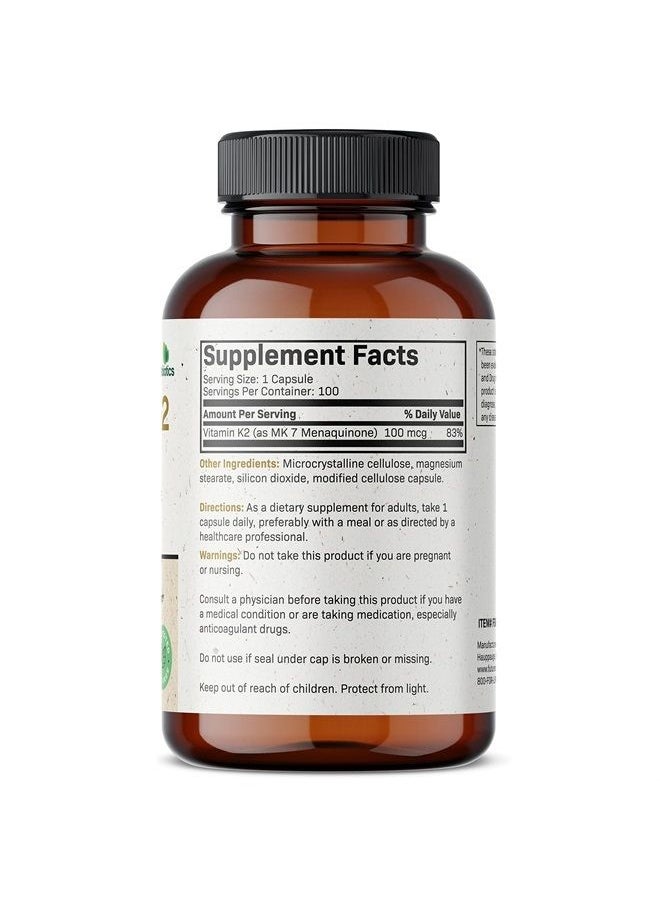 Vitamin K2 as MK-7 100 mcg, Supports Strong Bones - Non-GMO, 100 Vegetarian Capsules