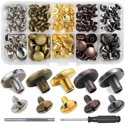 YORANYO 50Sets Chicago Screws Leather Rivets Assorted Screw Rivets Metal Studs for Clothing Chicago Binding Screws Spike and Studs for Decorate Repair Shoes Belts Bags Purse Dog Collars Mixed in Box - Image 1
