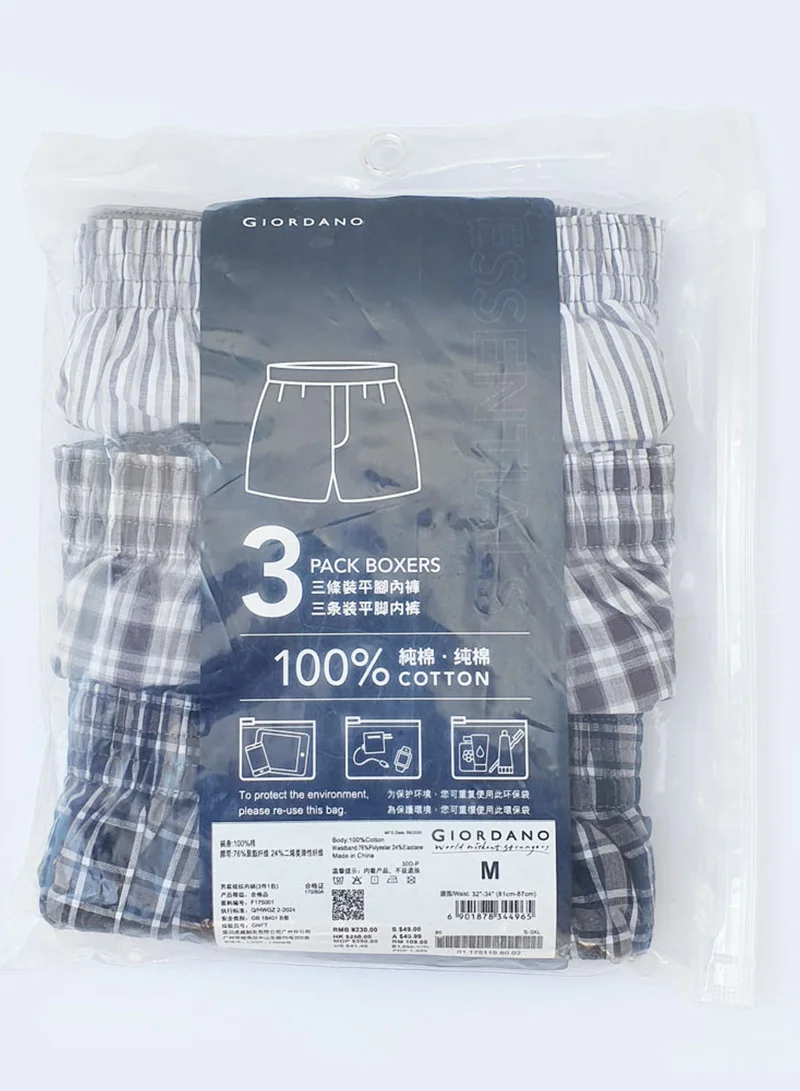 GIORDANO Men's Cotton Poplin Regular Fit Boxers 3pcs Pack