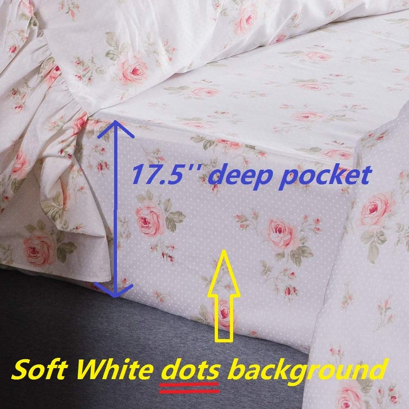QSH Queen's House Shabby Roses Bed Sheet Set 4-Piece King Size French Country Bed Sets - Image 4