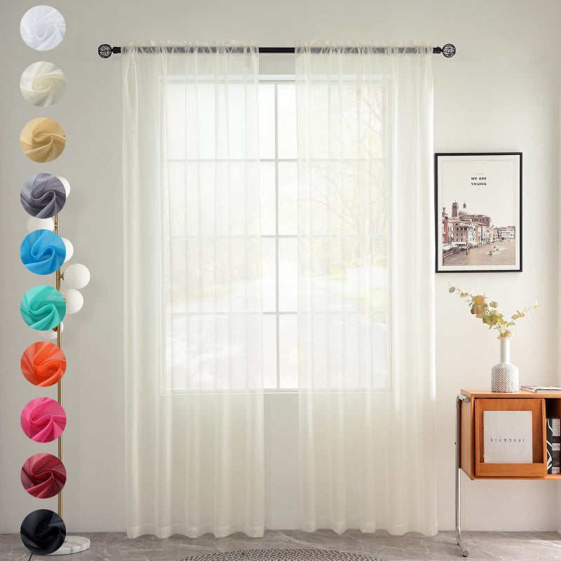 youleyar Solid Sheer Rod Pocket Curtain Voile Draperies 2 Panels White Beige Black Grey Coffee 52 Inch Width 72 Inch Long 1 Pair for Kitchen Bedroom Children Living Room YardIvory52W72L