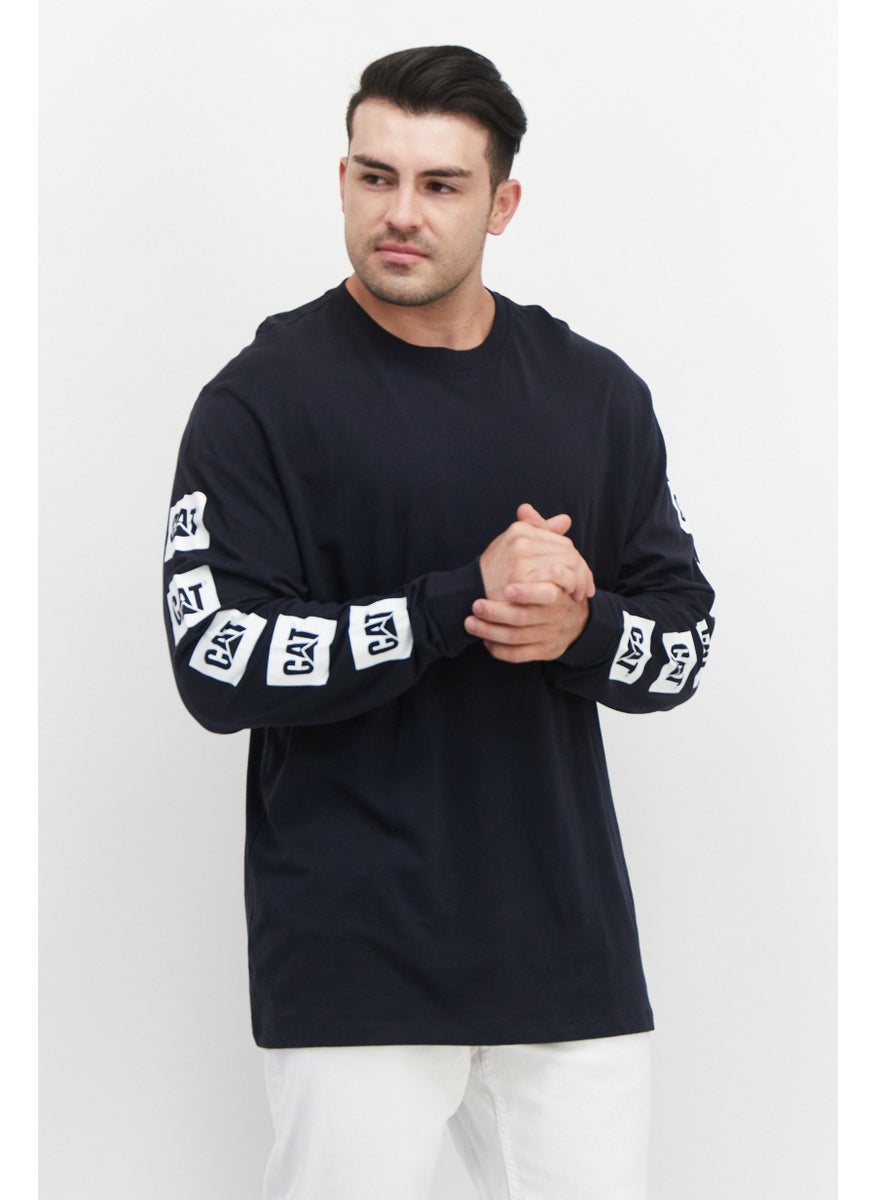 CAT - Men Crew Neck Long Sleeve Brand Logo T-Shirts, Navy - Image 1