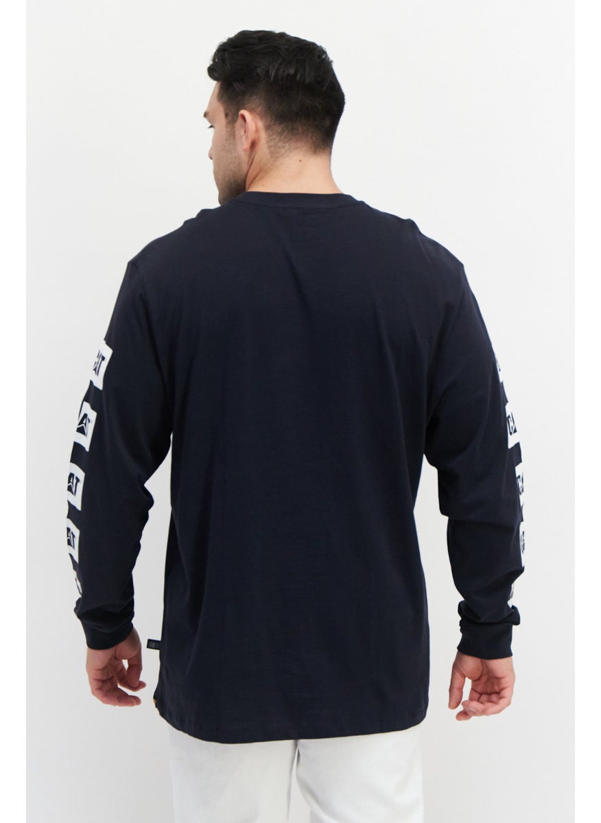 CAT - Men Crew Neck Long Sleeve Brand Logo T-Shirts, Navy - Image 1
