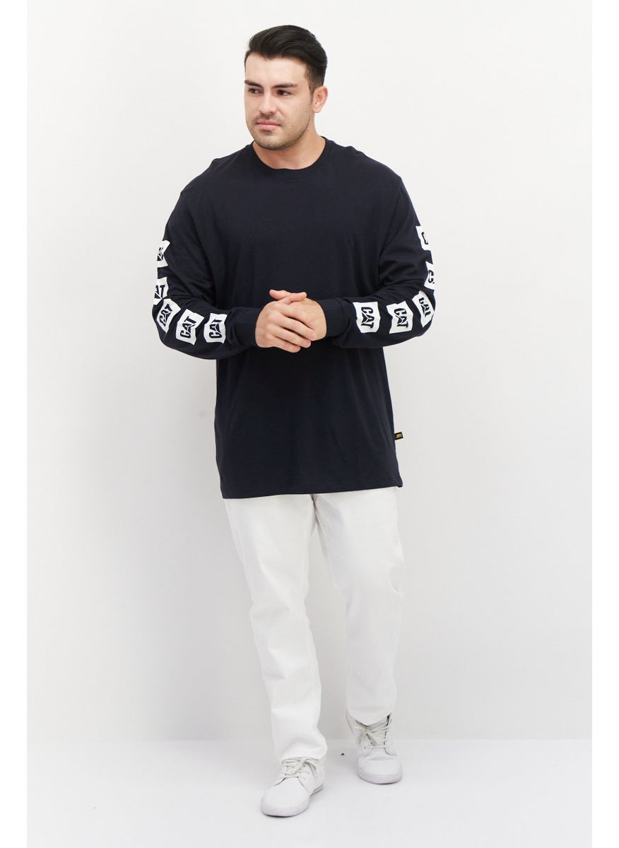 CAT - Men Crew Neck Long Sleeve Brand Logo T-Shirts, Navy - Image 1