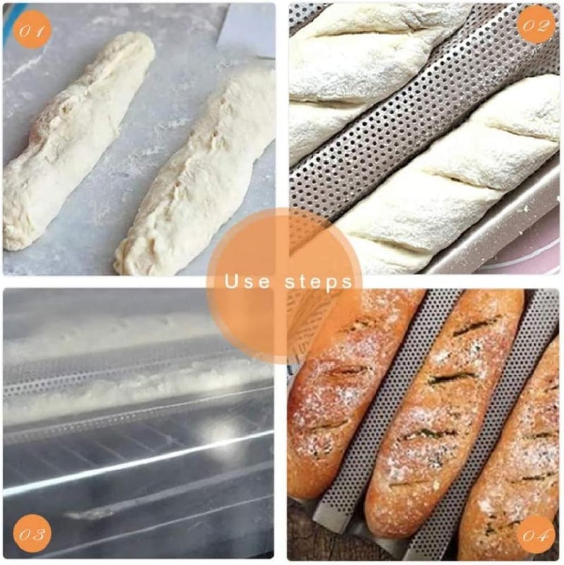دلفينو صينية خبز الباغيت المثقبة من دلفينو، قوالب خبز فرنسية غير لاصقة، صينية خبز فرنسية مثقبة غير لاصقة، قالب باغيت لخبز 4 أرغفة، صينية خبز مموجة (فضي) - Image 4