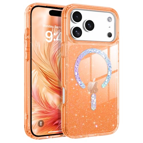 BENTOBEN Magnetic for iPhone 17 Pro Max Case Clear Crystal Glitter Bling 17 Pro Max Phone Case Compatible with MagSafe Shockproof Sparkly Cute Women Girl Cover for iPhone 17 Pro Max Cosmic Orange - Image 1
