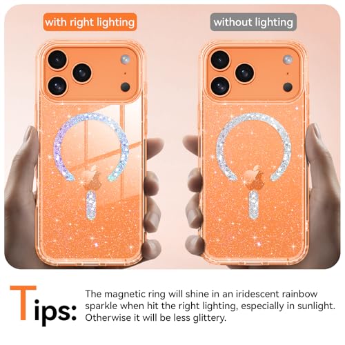 BENTOBEN Magnetic for iPhone 17 Pro Max Case Clear Crystal Glitter Bling 17 Pro Max Phone Case Compatible with MagSafe Shockproof Sparkly Cute Women Girl Cover for iPhone 17 Pro Max Cosmic Orange - Image 3