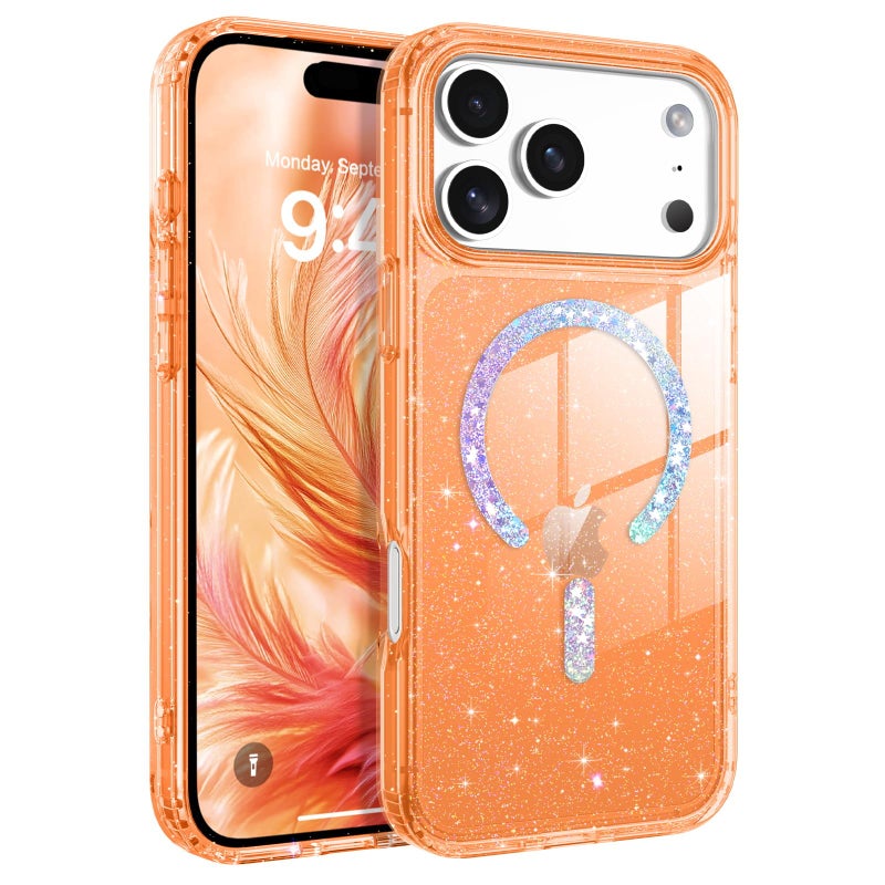 BENTOBEN Magnetic for iPhone 17 Pro Max Case Clear Crystal Glitter Bling 17 Pro Max Phone Case Compatible with MagSafe Shockproof Sparkly Cute Women Girl Cover for iPhone 17 Pro Max Cosmic Orange - Image 2