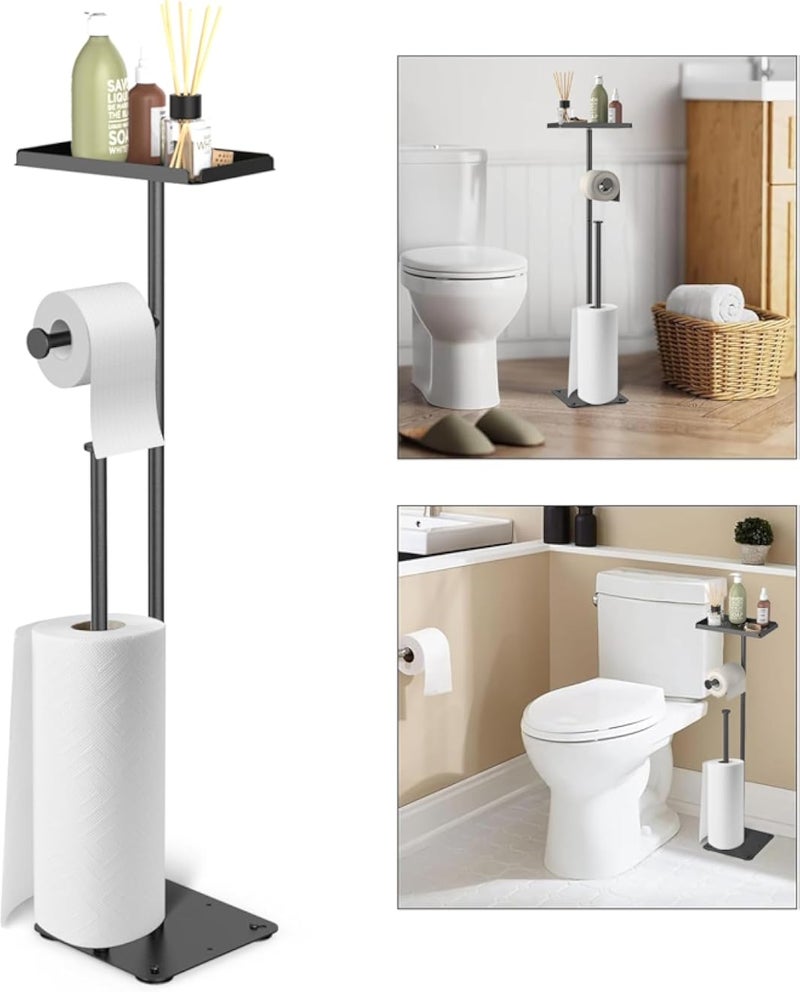 Toilet Paper Holder Stand, FreeStanding Toilet Paper Holder, 304 Stainless Steel Bathroom Tissue Dispenser Toilet Roll Holder with Top Shelf Storage Reserve Tray, Storage Shelf&Weighted Base