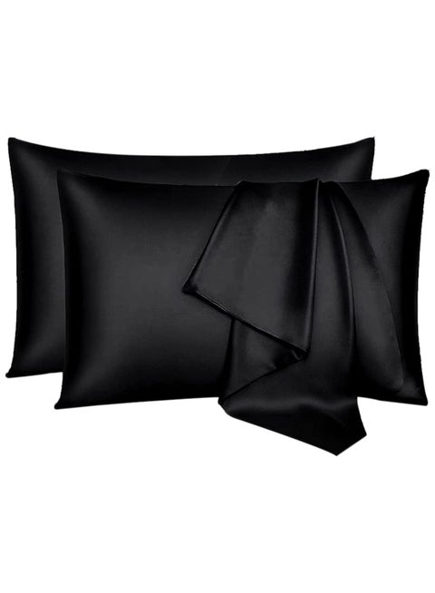 MahMir® Silk Satin Pillowcase for Hair and Skin Queen - Black Silk Pillowcase 2 Pack 76L x 51W CM (30x20 Inches) - Satin Pillow Cases Set of 2 with Envelope Closure (2pcs Black)