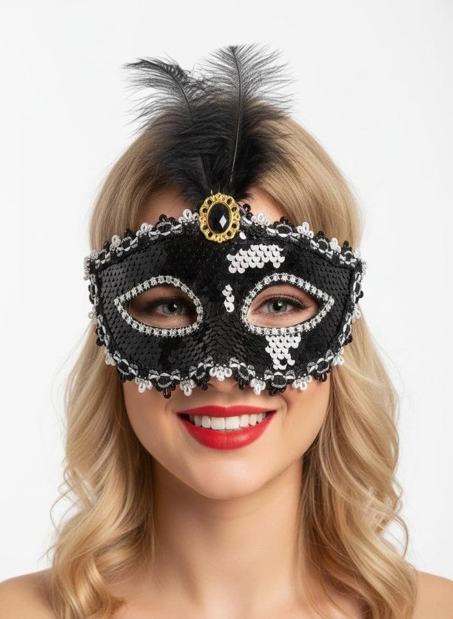 AK ANOLIHK Elegant Lace Masquerade Mask with Feathers & Floral Accents - Sophisticated Netted Eye Mask for Halloween, Carnival, Cosplay, and Mardi Gras Costume Parties (FEM-BLACK RT 00) - Image 2