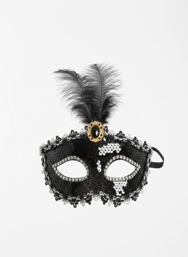 AK ANOLIHK Elegant Lace Masquerade Mask with Feathers & Floral Accents - Sophisticated Netted Eye Mask for Halloween, Carnival, Cosplay, and Mardi Gras Costume Parties (FEM-BLACK RT 00) - Image 1
