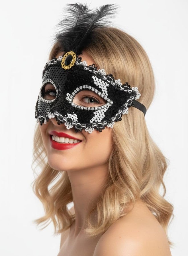 AK ANOLIHK Elegant Lace Masquerade Mask with Feathers & Floral Accents - Sophisticated Netted Eye Mask for Halloween, Carnival, Cosplay, and Mardi Gras Costume Parties (FEM-BLACK RT 00) - Image 3