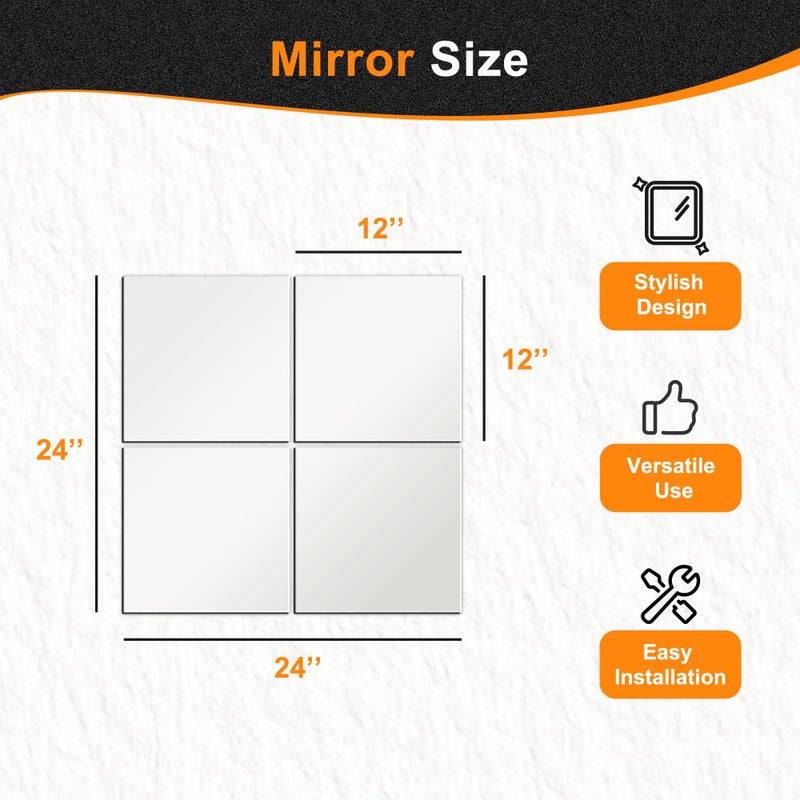 Delma Home Gym Mirrors, 12'' x 12'' Glass Mirror Tiles (4 PCS), Square Large Wall Mirror for Home Gym, Bedroom, Door,Bathroom, Frameless Mirror Sets - Image 3