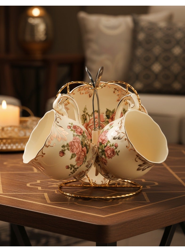 Flowering Shrubs Tea Cups and Saucers Set,Tea Set, Ivory Ceramic Floral Tea Cups Set with Golden Rack, Coffee Cups Set - Image 1