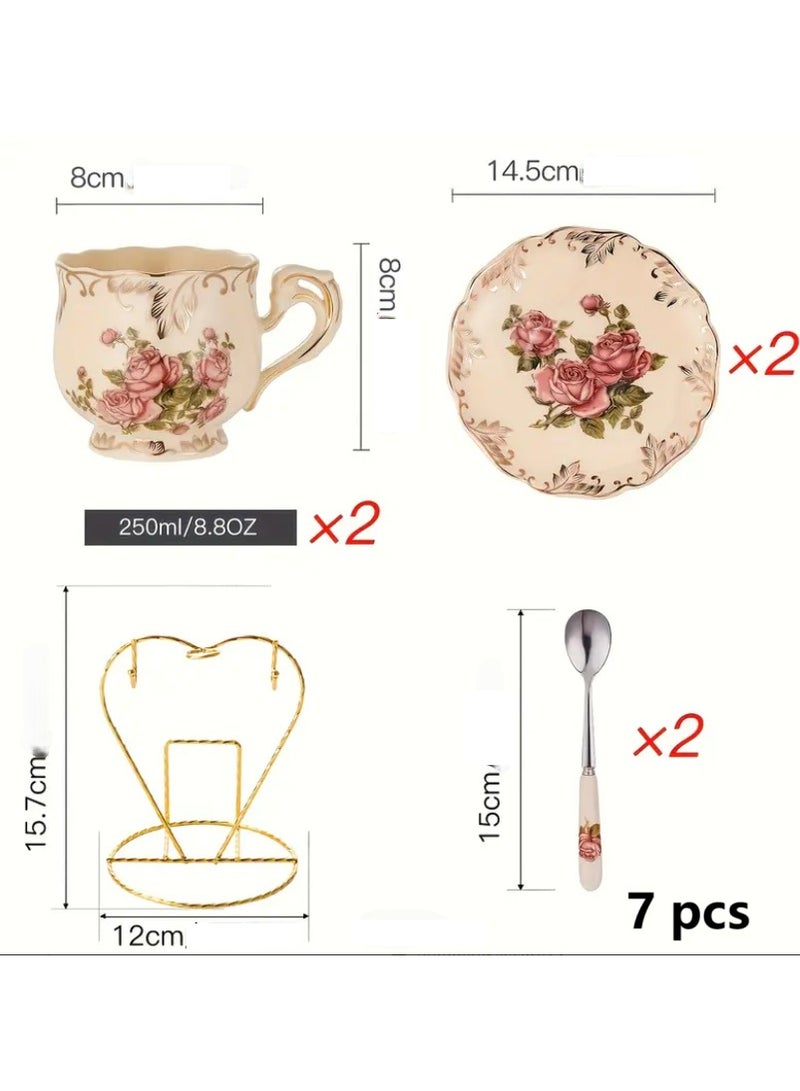 Flowering Shrubs Tea Cups and Saucers Set,Tea Set, Ivory Ceramic Floral Tea Cups Set with Golden Rack, Coffee Cups Set - Image 3