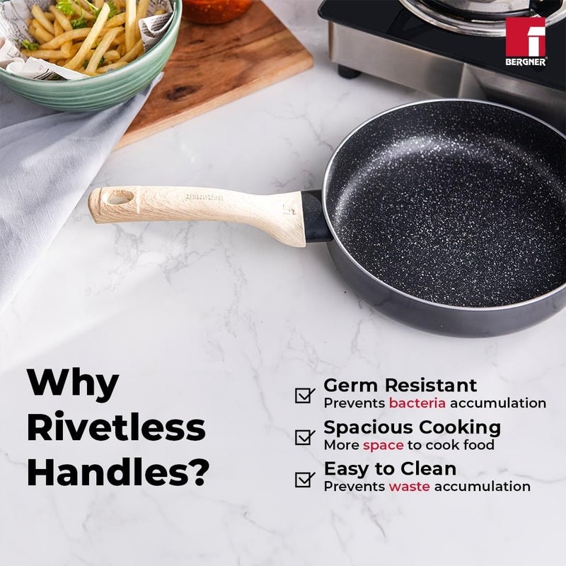 Bergner Bellini Plus Aura 5-Layer Non-Stick 26 cm Deep Frypan with Glass Lid, 3 Litres Frying Pan with Soft Touch Wooden Finish Handle, Induction Bottom and Gas Stove Ready, 1-Year Warranty, Black - Image 5