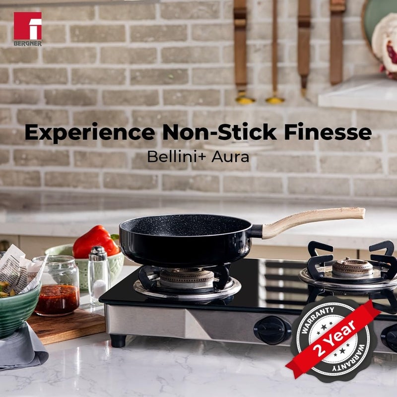 Bergner Bellini Plus Aura 5-Layer Non-Stick 26 cm Deep Frypan with Glass Lid, 3 Litres Frying Pan with Soft Touch Wooden Finish Handle, Induction Bottom and Gas Stove Ready, 1-Year Warranty, Black - Image 3