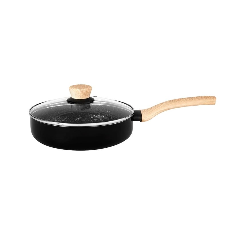 Bergner Bellini Plus Aura 5-Layer Non-Stick 26 cm Deep Frypan with Glass Lid, 3 Litres Frying Pan with Soft Touch Wooden Finish Handle, Induction Bottom and Gas Stove Ready, 1-Year Warranty, Black - Image 1