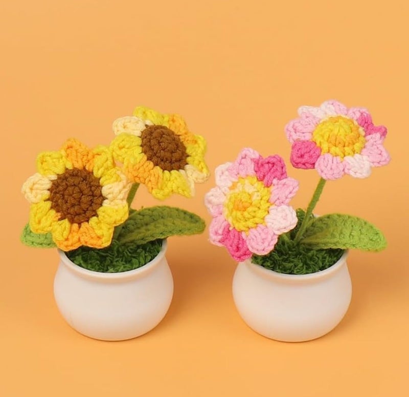 VRB Dec زهور كروشيه صناعية توين عباد الشمس لزينة مكتب السيارة، زينة منزلية، مهرجان، مكتب، غرفة نوم، زينة عيد الميلاد. (عباد الشمس الوردي التوأم مع الأصيص) - Image 3