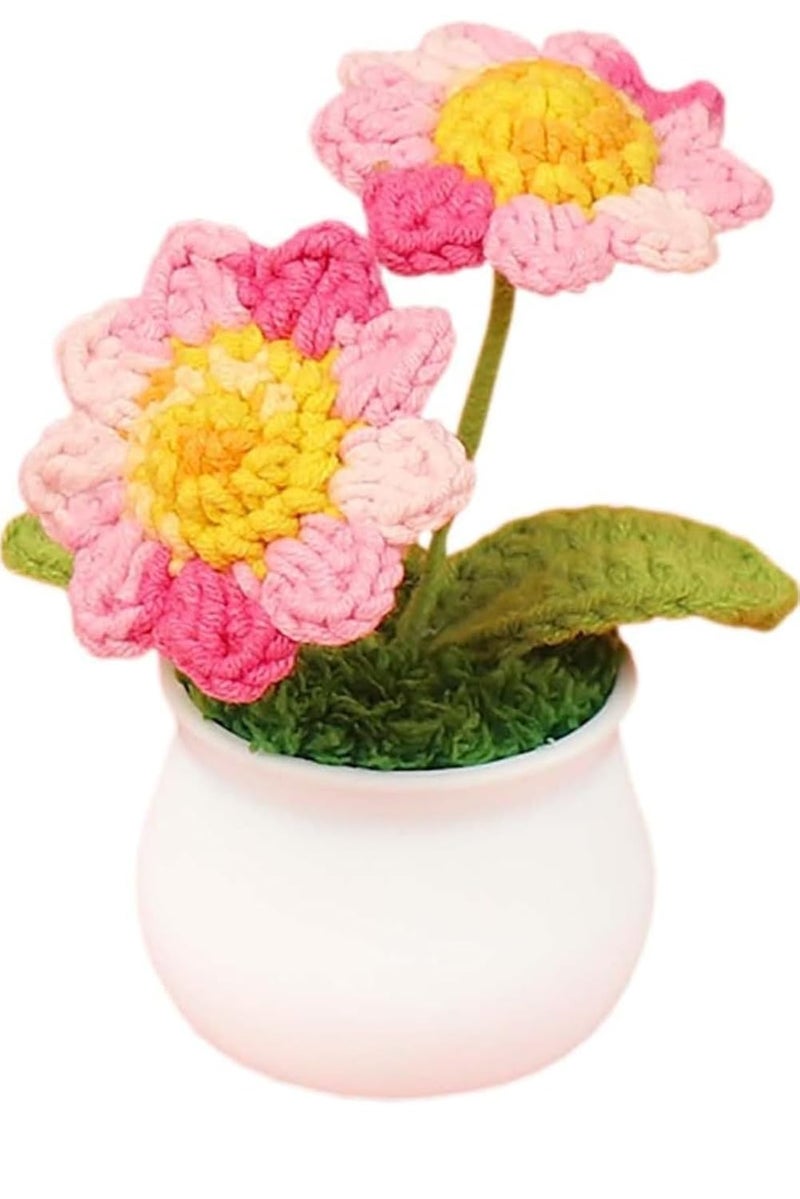 VRB Dec زهور كروشيه صناعية توين عباد الشمس لزينة مكتب السيارة، زينة منزلية، مهرجان، مكتب، غرفة نوم، زينة عيد الميلاد. (عباد الشمس الوردي التوأم مع الأصيص) - Image 2