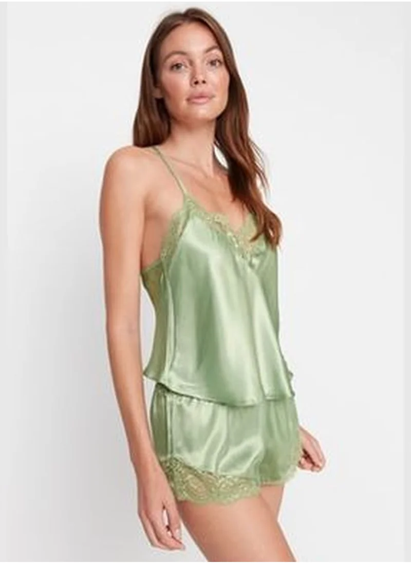 trendyol Green Lace Detailed Satin Woven Pajamas Set THMSS22PT0269