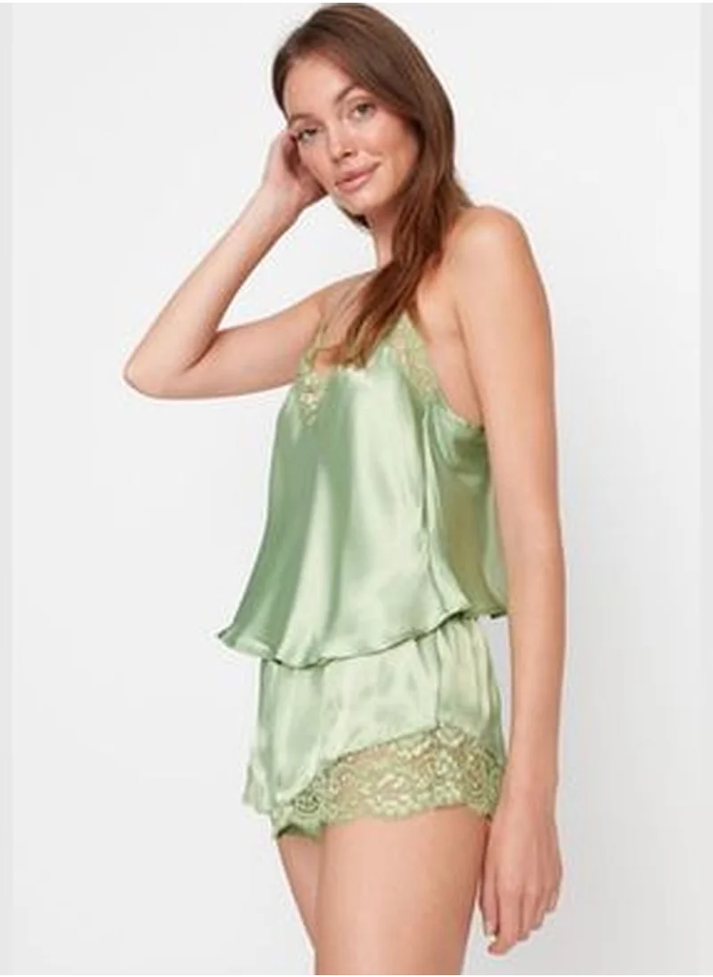 trendyol Green Lace Detailed Satin Woven Pajamas Set THMSS22PT0269